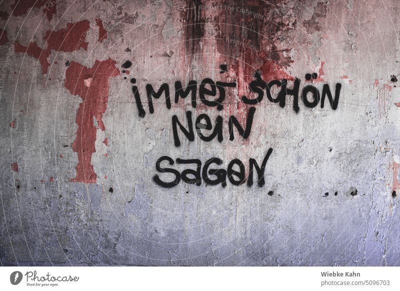 Alte abgenutzte Wand mit dem Spruch "immer Schön Nein Sagen" Graffiti Schrift Mauer Text Typographie Buchstaben Leerstand Jugendkultur Straßenkunst Kreativität