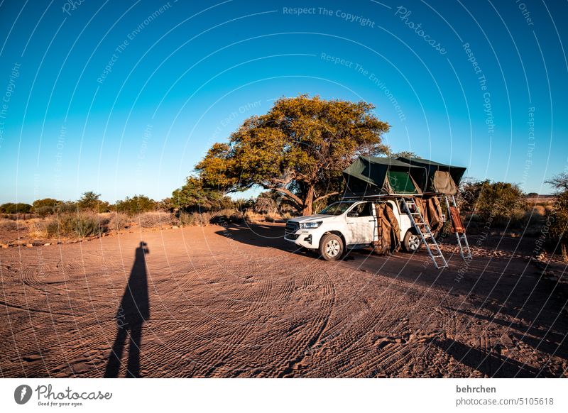 naturverbunden | draußen schlafen Wildnis Campingplatz campen Zeltplatz dachzelt jeep Sonnenlicht Schatten Licht Farbfoto Fernweh reisen Ferne Namibia Afrika