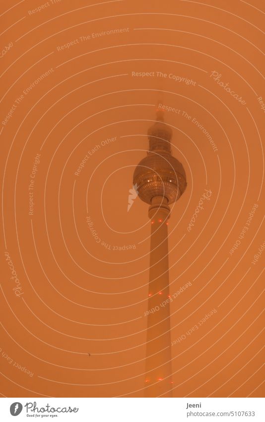 Berliner Fernsehturm in Nebel eingehüllt Wahrzeichen Sehenswürdigkeit Hauptstadt Alexanderplatz Turm Berlin-Mitte Großstadt Stadtzentrum versunken Bauwerk hoch