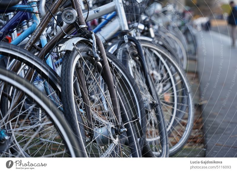 Fahrräder, die auf einer belebten Straße in der Nähe eines Fußwegs in Luzern abgestellt sind. Der Fokus liegt in der Mitte des Bildes auf dem Rad eines Fahrrads, während Vorder- und Hintergrund unscharf sind.