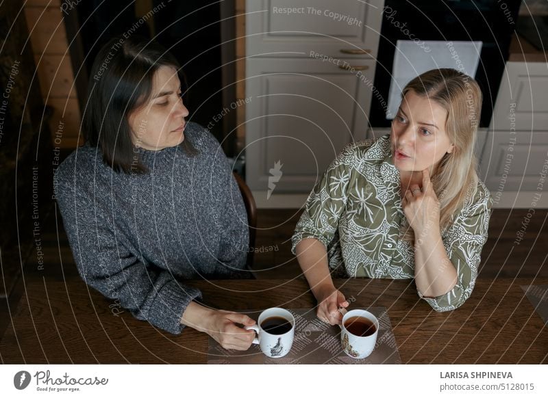 Zwei Frauen unterhalten sich zu Hause. Freundinnen trinken eine Tasse Kaffee in der Küche. Freundschaft Lifestyle heimwärts Glück Kaukasier attraktiv schön