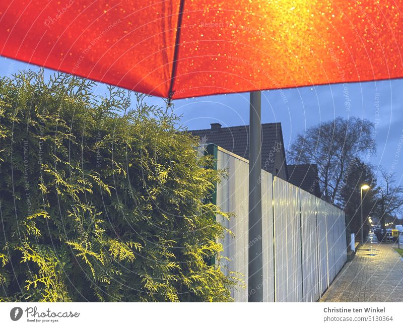 Mit dem roten Schirm im Regen unterwegs sein Regenwetter roter Regenschirm Dämmerung blaue Stunde Himmel Hecke Bretterzaun Strassenlaterne Häuser Gehweg