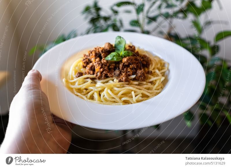 Teller mit klassischen italienischen Nudeln Spaghetti Bolognese in der Hand Italienisch Spätzle Bolognesesoße weiß horizontal selbstgemacht Vorderansicht Tomate