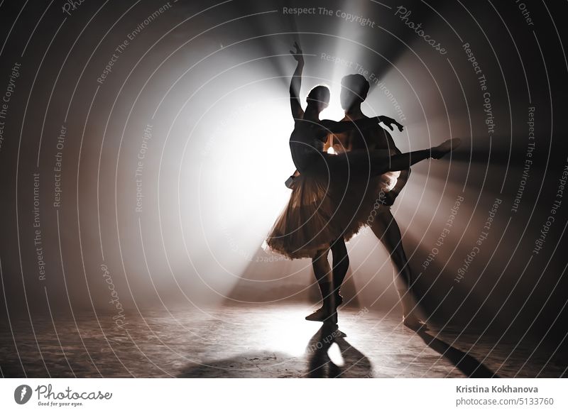 Anmutige Ballerina und ihr männlicher Partner tanzen Elemente des klassischen oder modernen Balletts in der Dunkelheit mit Flutlicht Hintergrundbeleuchtung. Pärchen im Rauch auf schwarzem Hintergrund. Kunstkonzept.