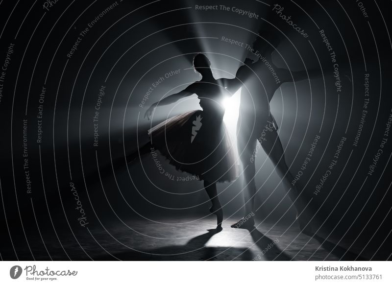 Anmutige Ballerina und ihr männlicher Partner tanzen Elemente des klassischen oder modernen Balletts in der Dunkelheit mit Flutlicht Hintergrundbeleuchtung. Pärchen im Rauch auf schwarzem Hintergrund. Kunstkonzept.