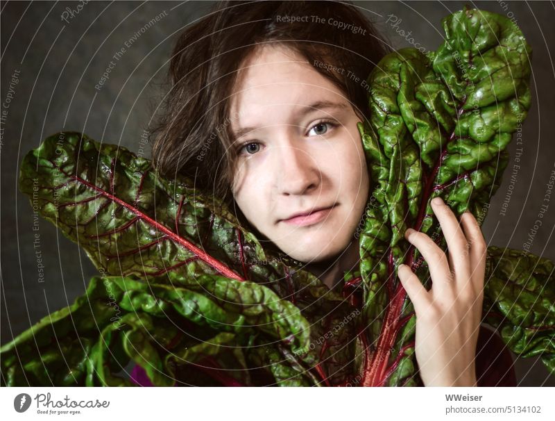 Das Mädchen drückt die schönen großen Mangoldblätter an sich Gemüse Ernährung Lebensmittel grün Grünzeug vegetarisch vegan Vegetarier Küche lieben mögen Gesicht