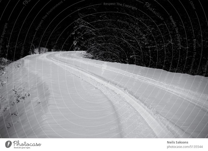 mein Heimweg voller Herausforderungen Schneefahrbahn Triftstraße Forstweg bedeckt herausfordernd gefährlich Heimatland Lettland Wald Natur dunkle Straße