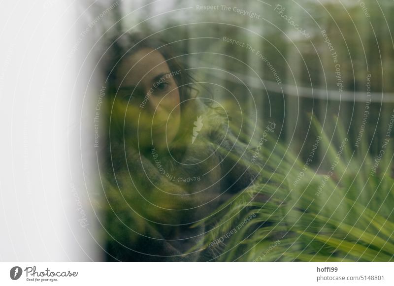 eine Frau umhüllt von diffusem Grün blickt durch eine Scheibe  in die Kamera Porträt Erwachsene Junge Frau feminin Stil geheimnisvoll Bewegung Melancholie Kopf