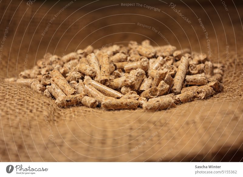 Detailaufnahme von Holzpellets zeigt die glänzenden, geschlossenen Oberflächen und konkaven Stirnflächen der Holzpresslinge auf grobem Jutegewebe nachhaltig