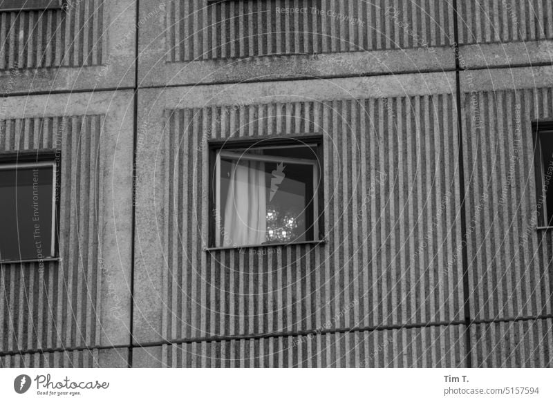ein offenes Fenster im Plattenbau Berlin Mitte Lampe Architektur Fassade Stadt Haus Berlin-Mitte Hauptstadt Stadtzentrum Gebäude Hochhaus s/w bnw Außenaufnahme