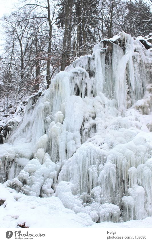 farbreduziert | gefrorener Radau-Wasserfall in Bad Harzburg Frost Eis Eiszapfen Kälte Winter bizarr Natur Baum Außenaufnahme kalt weiß Schnee frieren