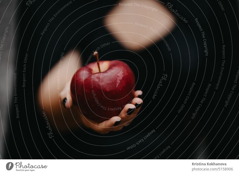 Frau als Hexe in Schwarz bietet roten Apfel als Symbol der Versuchung, des Giftes an. Wut Kunst Herbst Hintergrund schön Schönheit bizarr Feier Kind Kontakt