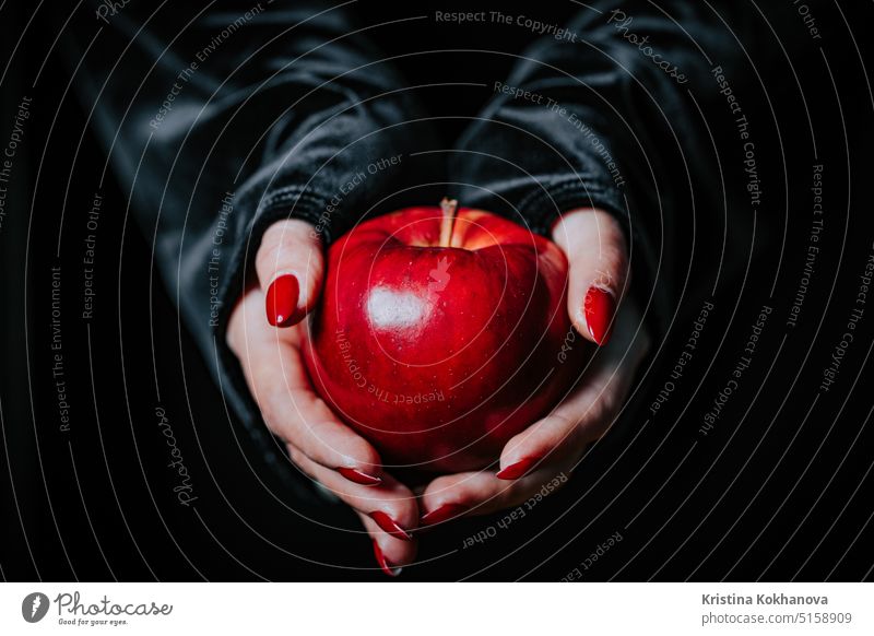 Frau als Hexe in Schwarz bietet roten Apfel als Symbol der Versuchung, des Giftes an. Halloween Mädchen Entsetzen spukhaft Person dunkel Kind Tracht