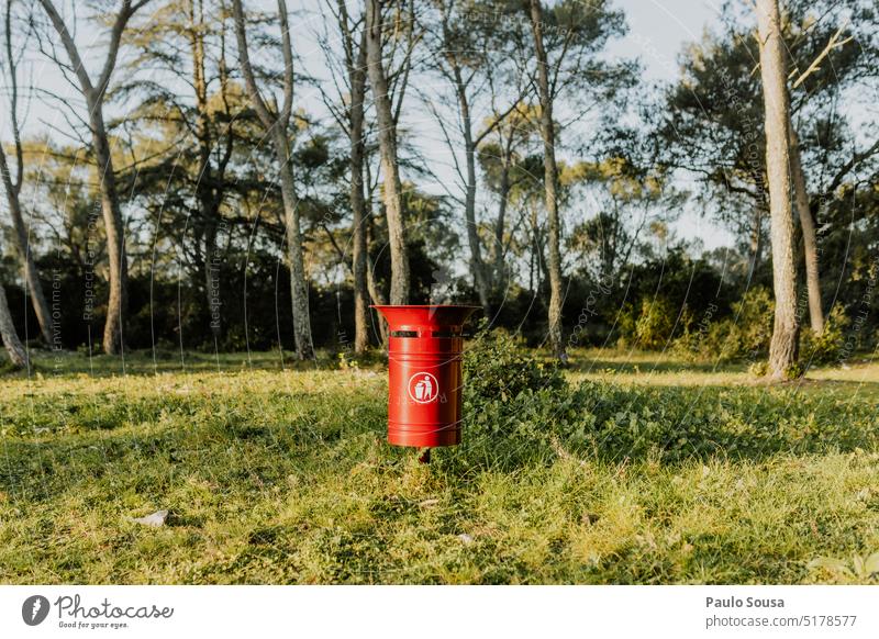 Roter Mülleimer im Wald Müllbehälter Behälter Recycling Umweltschutz Abfall entsorgen Müllentsorgung Umweltverschmutzung ökologisch Container Außenaufnahme