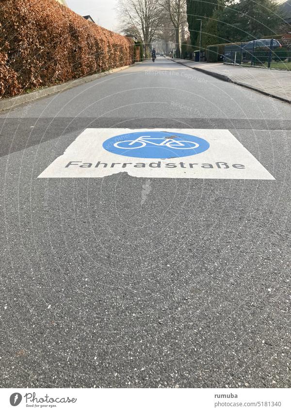 Markierung Fahrradstraße blau Asphaltstraße Hecke Fahrradfahren Verkehr Stadt Piktogramm Farbe Verkehrswege Beschriftung Straße Buchstaben