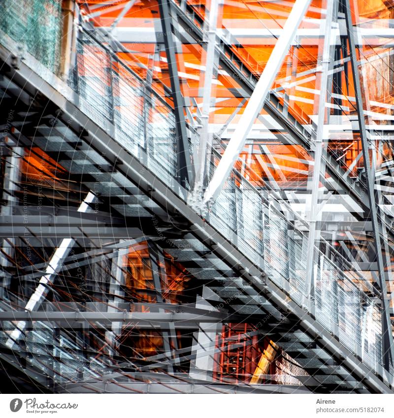 Zweibrücken Brücke Doppelbelichtung Brückenkonstruktion Metall Gerüst Architektur Stahl Stahlträger Stahlkonstruktion Konstruktion Bauwerk Halle schräg orange