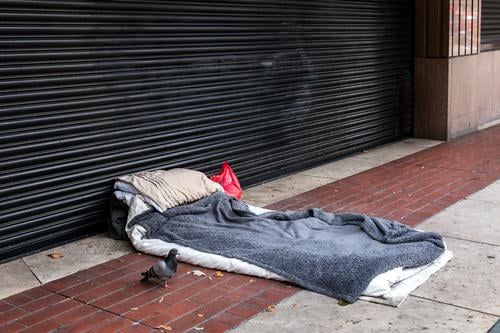 Die lahme Taube bewacht das schlichte Lager eines Obdachlosen Vogel Bett Schlafplatz Obdachlosigkeit Stadt Großstadt leer verlassen Einfahrt Haus Gebäude