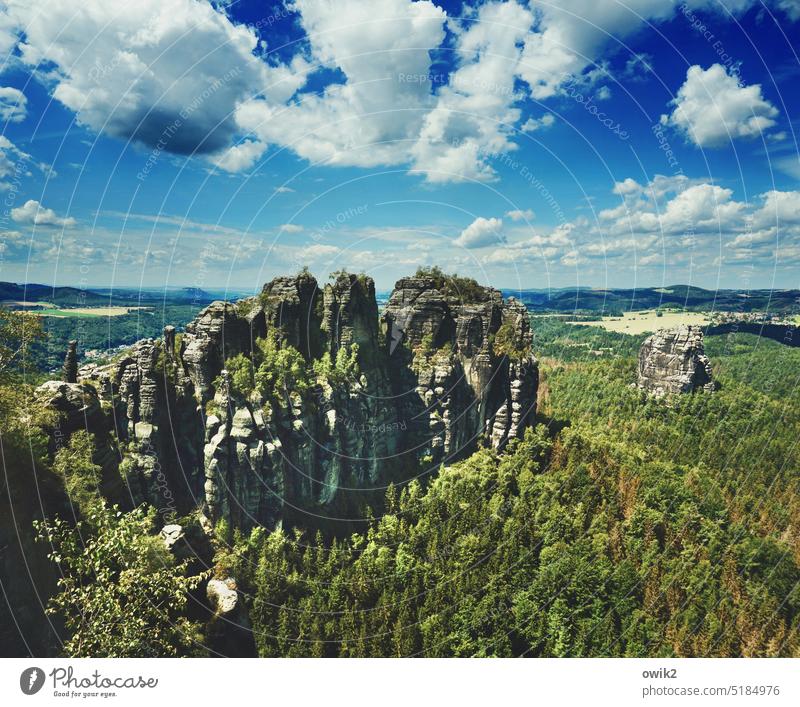 Ausguck Elbsandsteingebirge Landschaft Sandstein Idylle Natur Horizont Felsen erhaben Naturwunder Aussicht ruhig Panorama (Aussicht) Ferne Freiheit Ausblick