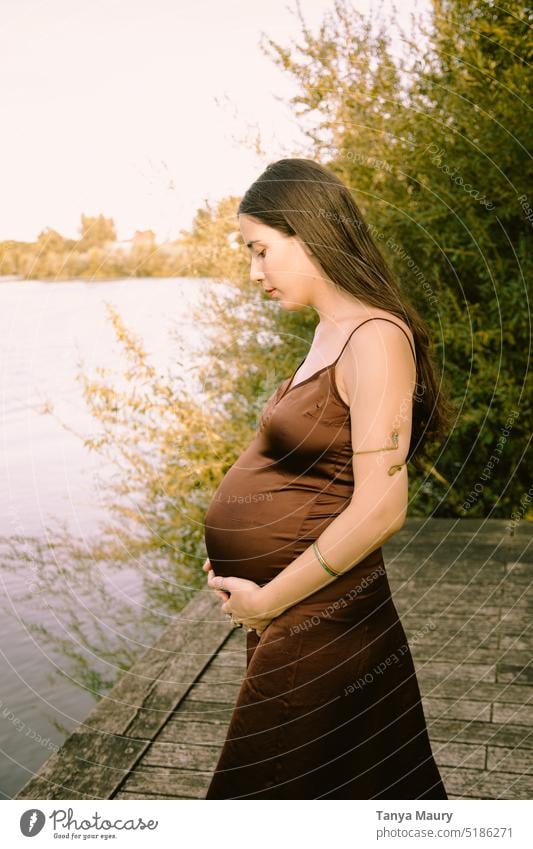 Porträt einer jungen schwangeren Frau in einem braunen Kleid am Fluss im Sommer Mutter schwangere Frau mütterlich Unterleib Magen Eltern hübsch Elternschaft