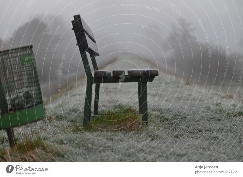 Parkbank und Mülltonne auf einem Deich als Nahaufnahme Bank Raureif Papierkorb Mülleimer abschließen Gras gefroren Winter Morgen Nebel neblig Hintergrund