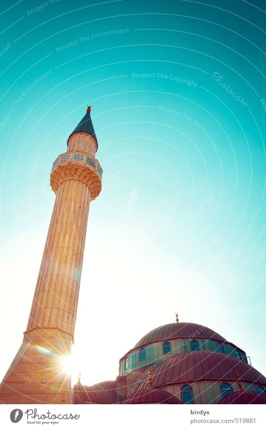 Moschee im Licht Wolkenloser Himmel Sonnenlicht Sommer Schönes Wetter Turm Minarett Sehenswürdigkeit ästhetisch hell hoch positiv Spitze Wärme gelb türkis Macht