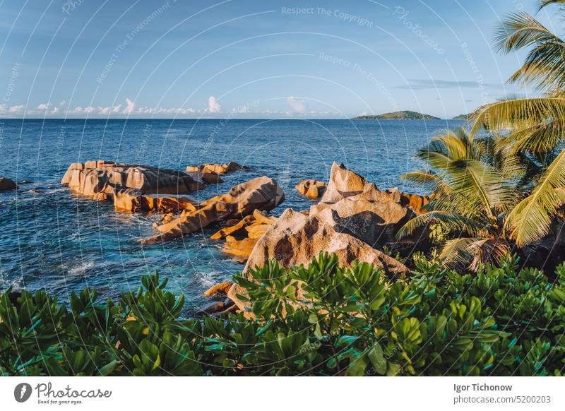 La Digue Insel Urlaub Landschaft. Exotisches Paradies Natur Strand der Seychellen Feiertag tropisch Sonnenuntergang schön Wasser Feiertage Sommer Meer Resort
