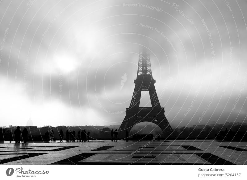 Schwarz-Weiß-Bild des Eiffelturms in Paris, Frankreich, an einem bewölkten Morgen. paris eiffelturm Pariser Stadtbild paris frankreich Tour d'Eiffel Französisch