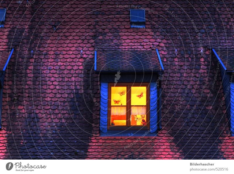 Nachtlicht Dachfenster Fenster Licht Haus Mansarde Dachziegel dunkel Raum Dämmerung Ziegeldach Schiefer Holzfenster Sprossenfenster Dekoration & Verzierung