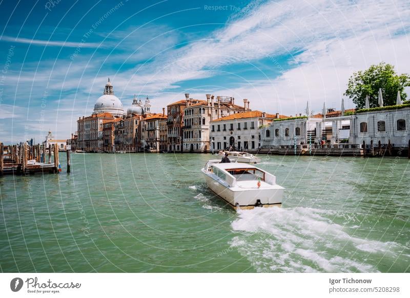 Touristenboot auf dem Canal Grande mit der Basilika Santa Maria della Salute vor blauem Himmel und weißen Wolken, Venedig, Italien Kathedrale venezia türkis
