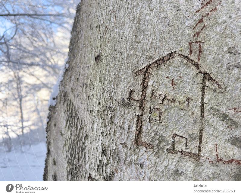 Baumhaus No. 2 Haus Winter Schnee Wald Zeichnung Baumrinde Baumstamm einritzen Klima heizen Heizung Schornstein Umwelt kalt Energie Klimawandel Wärme
