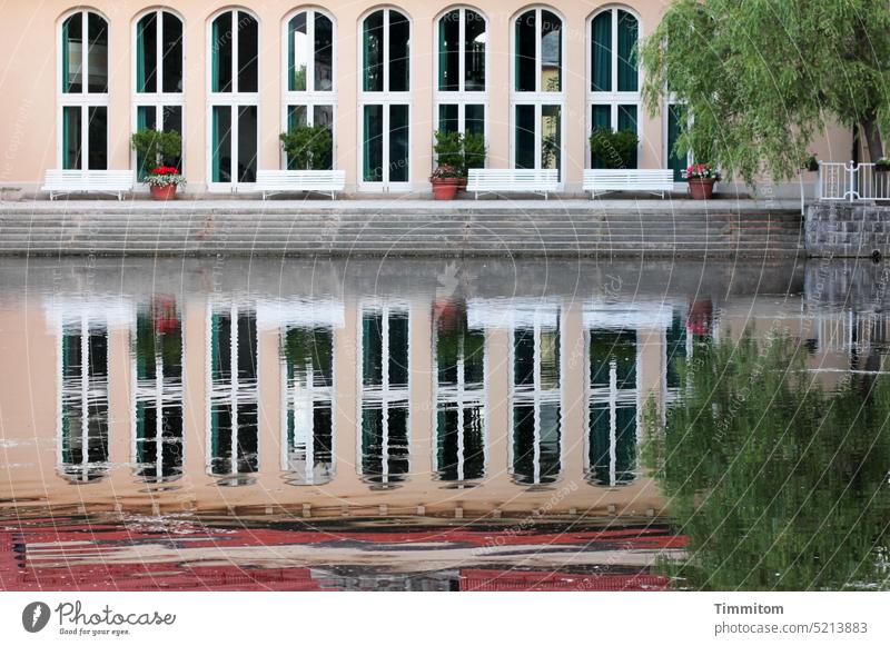 Nah am Wasser gebaut See Spiegelung Gebäude Fenster Bänke Blumenschmuck Baum Geländer ruhig Entspannung Reflexion & Spiegelung Menschenleer stattlich