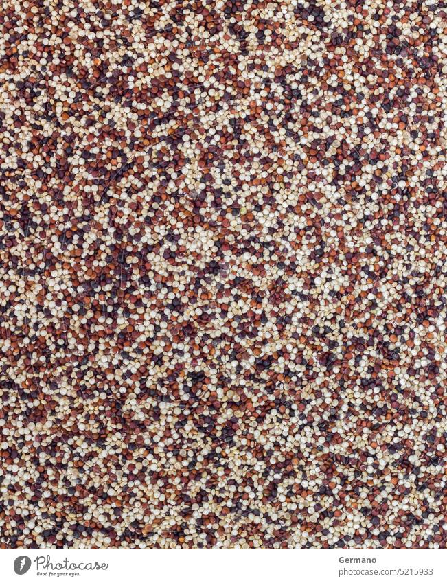 Körner von ungekochtem Quinoa Hintergrund schwarz braun Müsli Chenopodium Nahaufnahme farbig Farben Küche Detailaufnahme Diät diätetisch trocknen Sehne