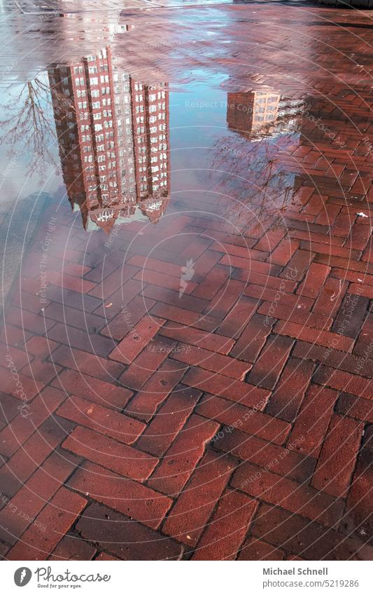Hochhaus-Spiegelung in einer Regenpfütze Hochhäuser Stadt Architektur Gebäude Großstadt Skyline urban Stadtzentrum Stadtbild Ferien & Urlaub & Reisen
