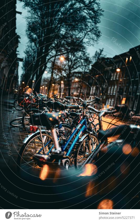 Fahrräder im morgendlichen Amsterdam Fahrrad Nacht Lichtermeer Blaue Stunde Morgens Morgendämmerung Großstadt Straße Straßenbeleuchtung Straßenfotografie Häuser