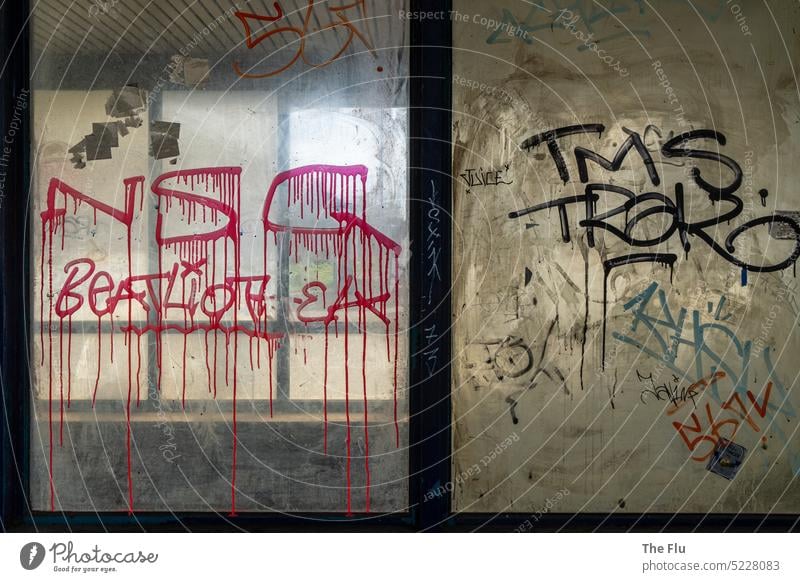 Durchblick Fenster Graffiti Bahnhof Licht Schatten Menschenleer Außenaufnahme Farbfoto schmutz schmutzig verschmiert dreckig alt lost places Verfall