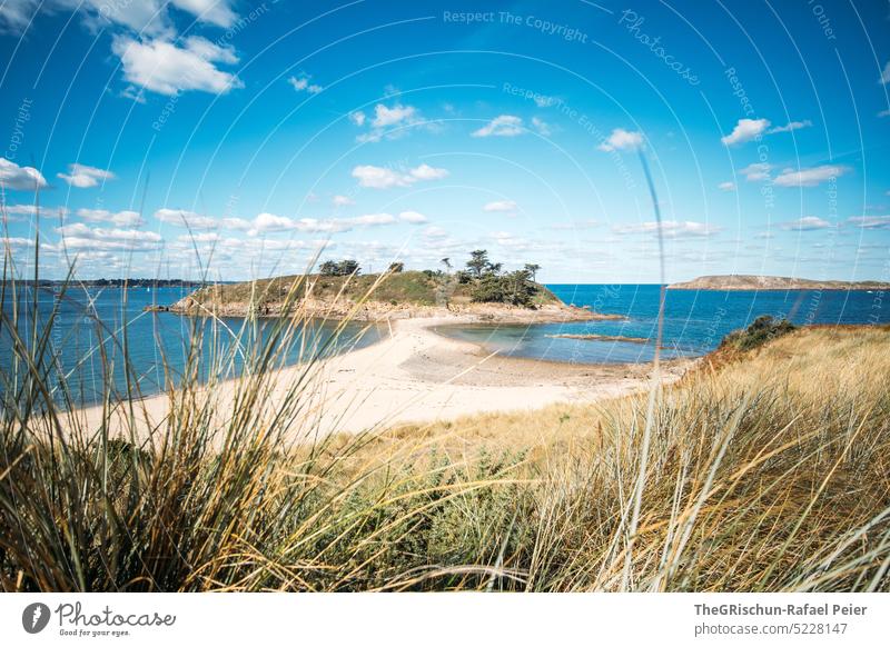 Sandstrand, Bucht und kleine Insel Meer Strand Ferien & Urlaub & Reisen Natur Außenaufnahme Landschaft Tourismus Wasser Sommer Gras