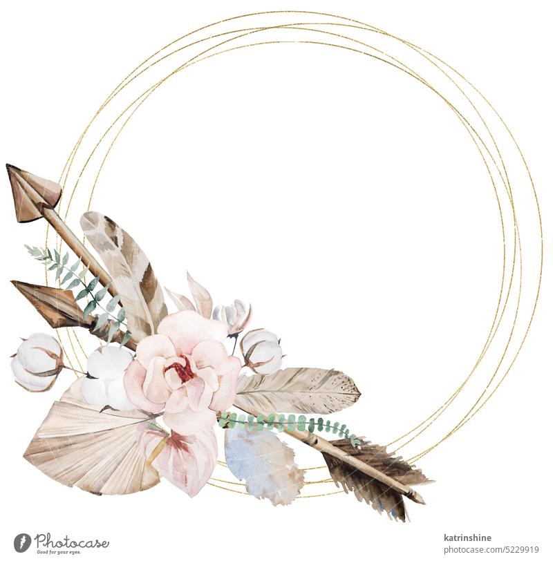 Goldener Rahmen mit Aquarell Pfeile, tropische Blätter und Blumen Illustration botanisch Dekoration & Verzierung exotisch Laubwerk handgezeichnet einheimisch
