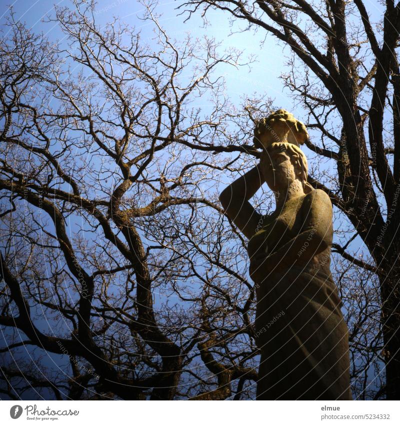 weibliche Steinskulptur umgeben von alten, knorrigen, kahlen Bäumen Skulptur Steinfigur Park Baum kahler Baum Frauenfigur Gartenfigur Parkfigur Statue Putte