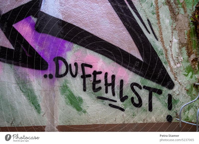 Du FEHLST ! Text Wort Buchstaben Schriftzeichen Wand Graffiti Mauer Fassade Zeichen Straßenkunst Jugendkultur Aussage Gefühl Menschenleer fehlen
