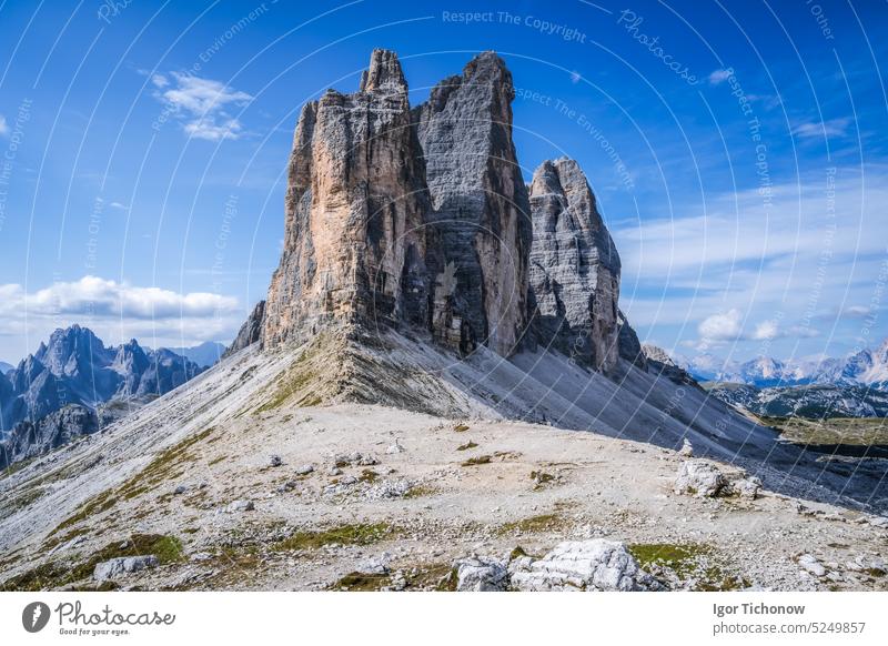 Tre Cime di Laveredo, drei spektakuläre Berggipfel in den Sextner Dolomiten, Südtirol, Italien Zimt tre lavaredo Berge u. Gebirge Park Spitzenwerte wandern