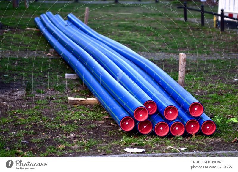Leuchtend blaue PVC-Rohre ordentlich auf die Wiese gelegt, bereit zum Verlegen von Glasfaser Kabel Röhren Kabelrohr verlegen bauen Kunststoff-Röhren leuchtend