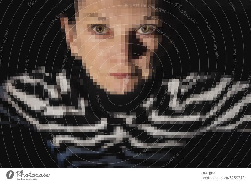 Geheimnisvolle Augen! Frau im Zepra - Kleid, verpixelt Gesicht Mensch Blick feminin Erwachsene Porträt Pixel pixelkunst Blick in die Kamera Fragender Blick