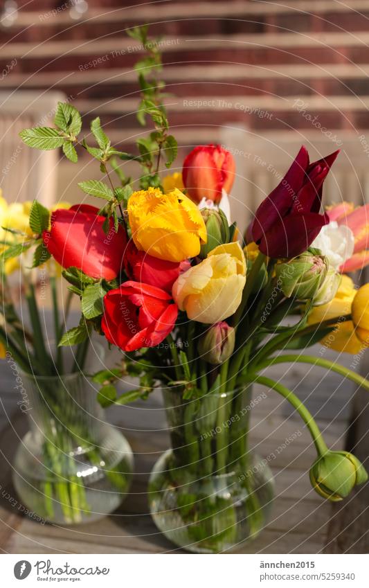 Ein bunter Strauß mit Tulpen steht in einer Glasvase auf einem Holzgartentisch im Garten vor einem Haus Tulpenstrauß Blumenstrauß Frühling Blüte Pflanze schön