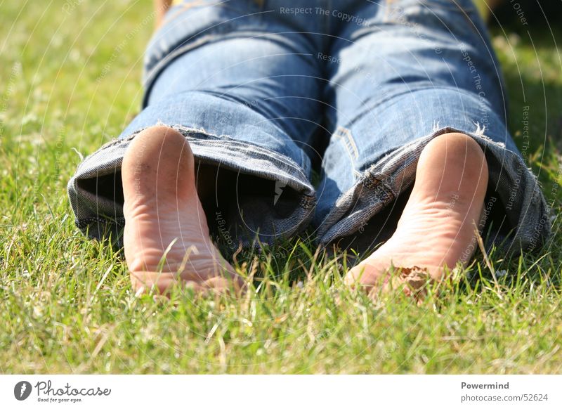 RelaxWithMe Wiese grün Physik Erholung ruhig Ferien & Urlaub & Reisen Freizeit & Hobby Rasen Wärme Sonne Fuß Jeanshose liegen Perspektive