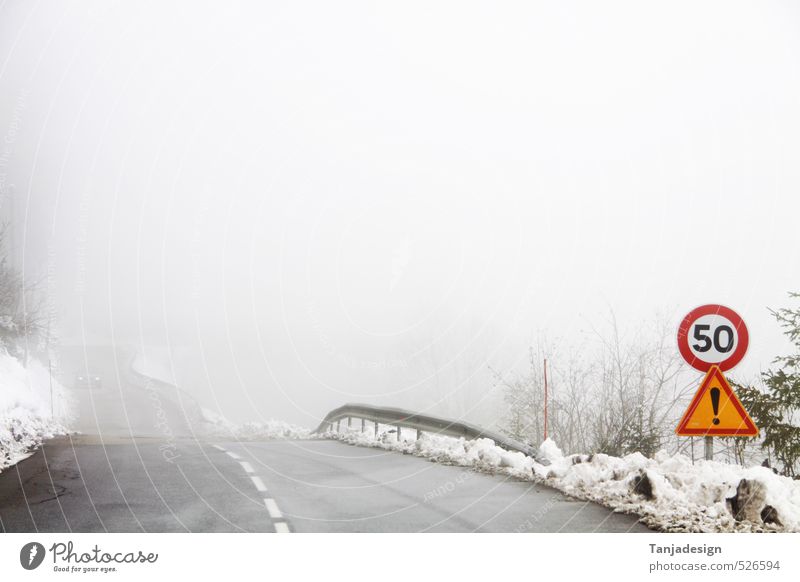 Schnee Nebel Straße Straßenkreuzung Wege & Pfade Schwerpunkt Geschwindigkeitsbegrenzung Wegweiser Aushang Winter gepflegt Hinweisschild Verkehr Umnebelung