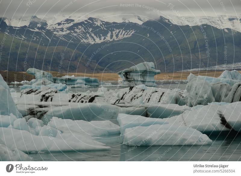 Gletscherlagune Joekulsarlon mit treibenden Eisbergen und Berglandschaft Gletscherschmelze Gletschereis Eisformationen Klimawandel blau weiss grau eisigkalt