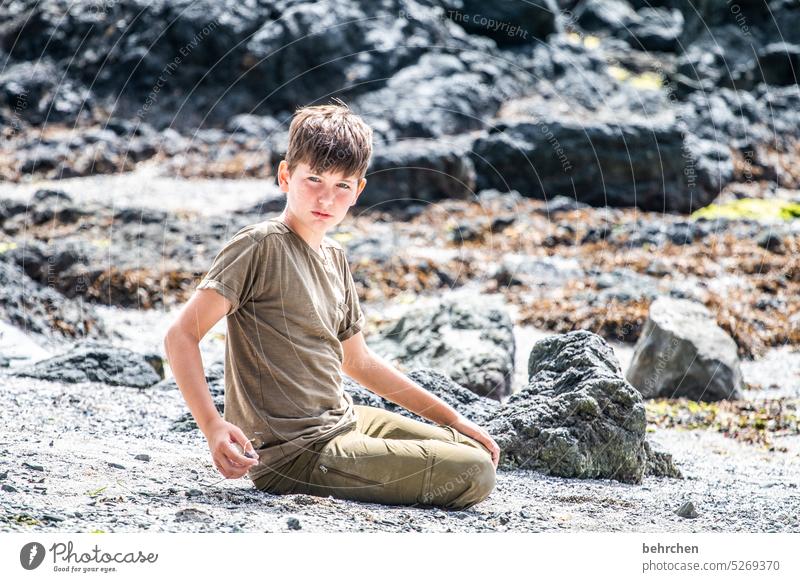 eins sein Abenteuer träumen gedankenverloren Spielen Kindheit Spaß haben Ausflug Junge Familie Strandgut Natur Landschaft Küste besonders Einsam