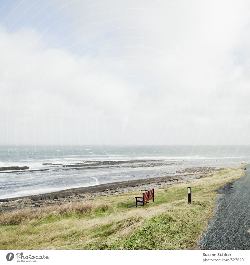 Bank mit Aussicht Natur Wolken Wiese Wellen Küste beobachten Freiheit Einsamkeit Atlantik Meeresrauschen Republik Irland Farbfoto Außenaufnahme Tag