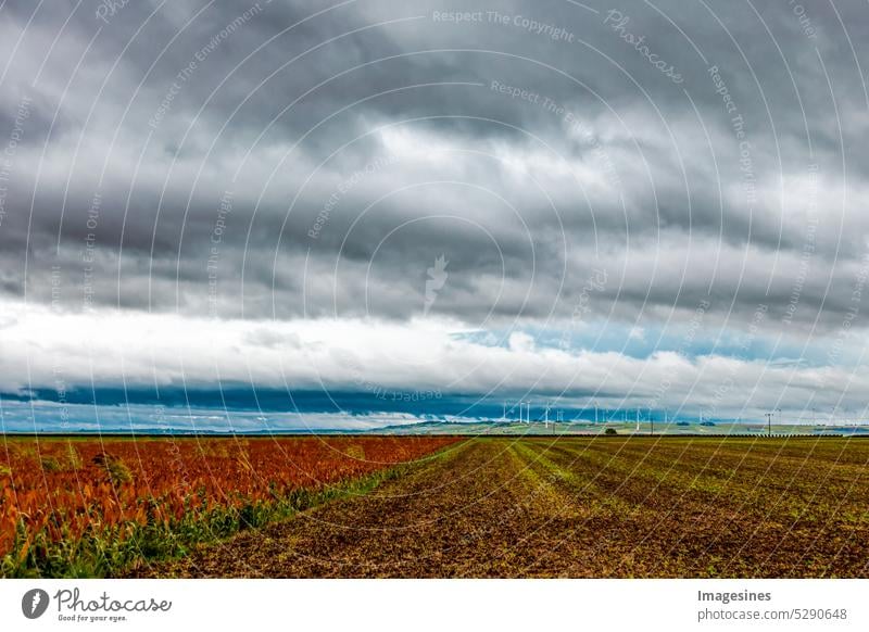 Unwetter. Sturm über dem Feld. Dunkle Wolken Gewitterwolken ziehen auf, Ackerland mit Windkraftanlagen weit Land landwirtschaftliches Feld Landwirtschaft schön