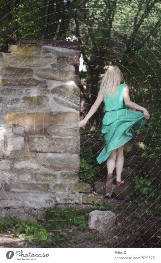 mit Schwung / scheues Reh Mensch feminin Junge Frau Jugendliche 1 18-30 Jahre Erwachsene Natur Wald Burg oder Schloss Ruine Mauer Wand Kleid rennen